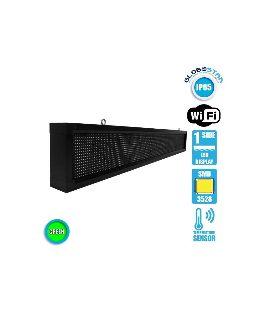 GLOBOSTAR® DISPLAY 90262 Κυλιόμενη Ψηφιακή Επιγραφή P10 Μονής Όψης LED AC 220-240V Αδιάβροχο IP54 Πράσινο - WiFi Control μέσω FK APP - Αισθητήρας Θερμοκρασίας & Υγρασίας - Μ168 x Π9 x Υ24cm - 2 Χρόνια Εγγύηση